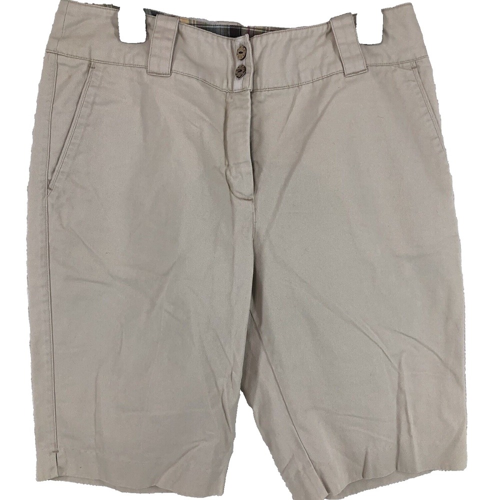 Tehama‎ chino shorts women 10 beige stretch comfort 2 button wood
